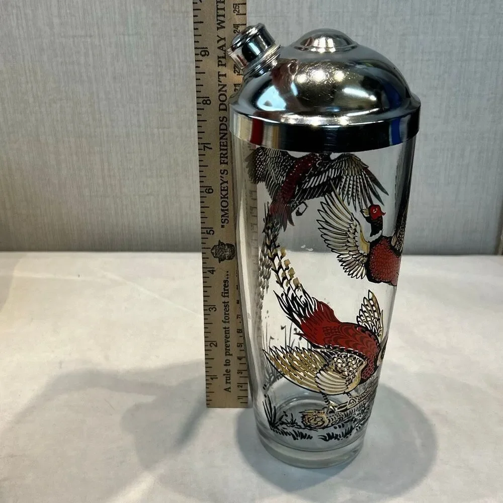 Vtg Hazel Atlas MCM Cocktail Shaker Pheasants Birds Glass 1950s Barware Metal Li